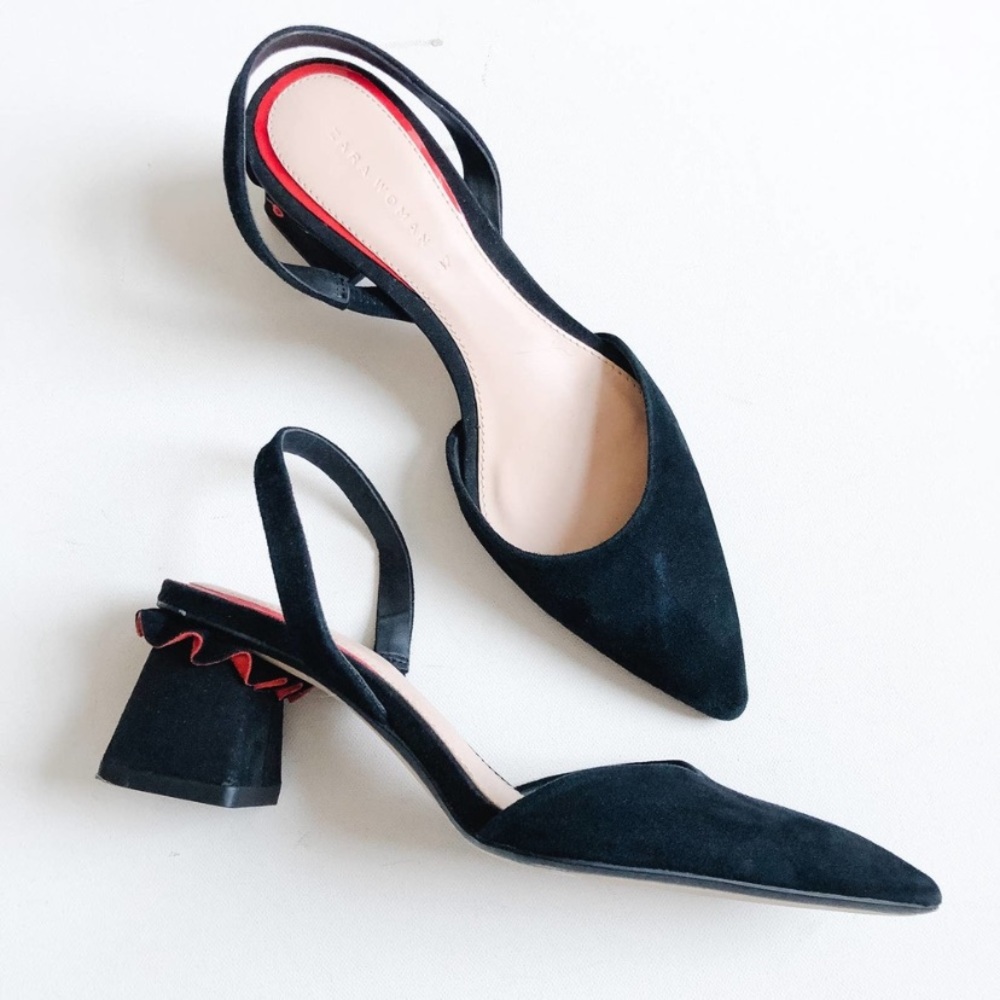 Zara Point Toe Block Heel Sling Backs